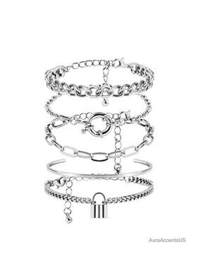 5 Pc Chunky Padlock Charm Bracelet Set Women Geometric Curb Chain Stackable